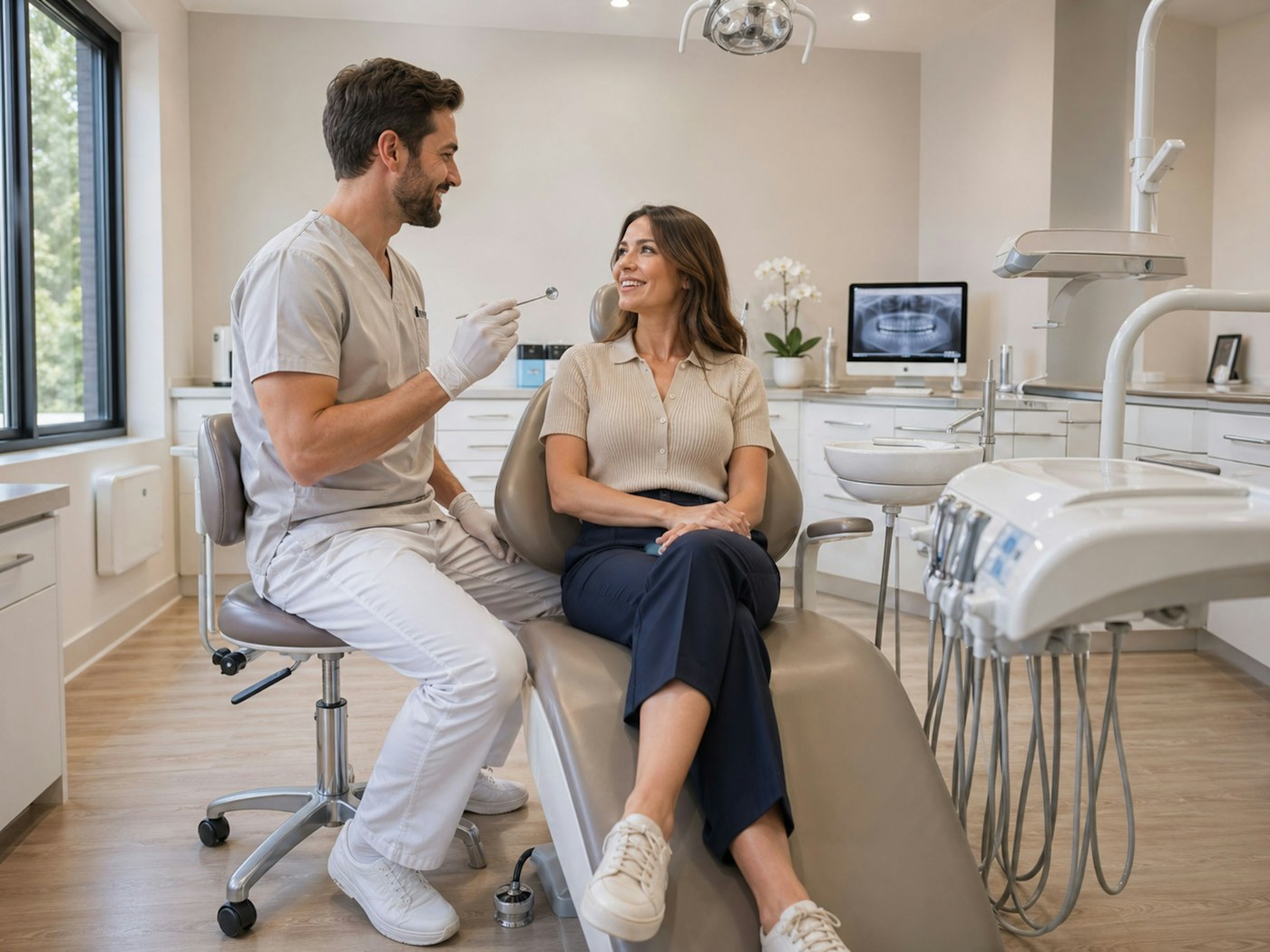 Dentist discussing treatment with a patient in a modern dental office